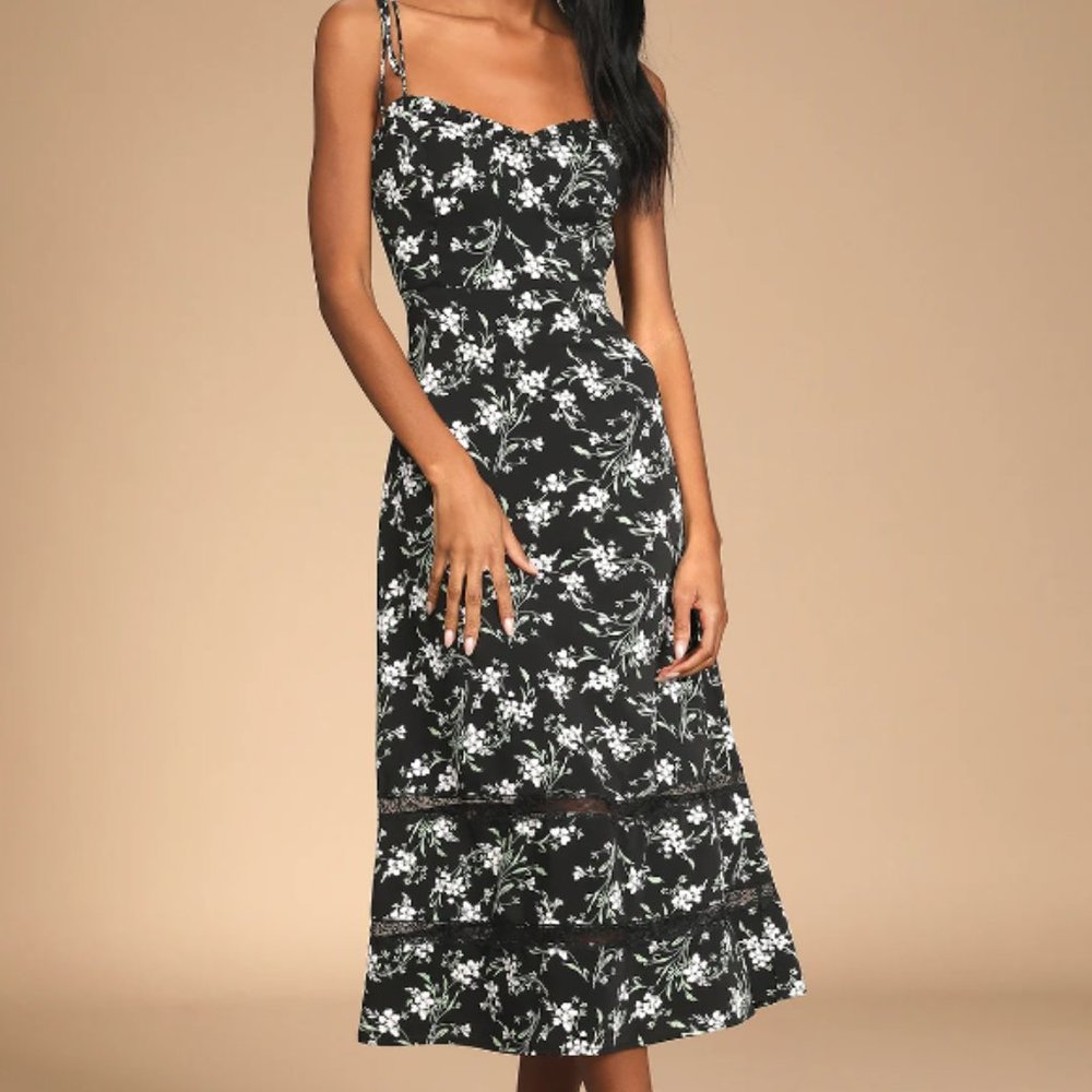 See the Blooms Black Floral Print Tie-Strap Midi Dress